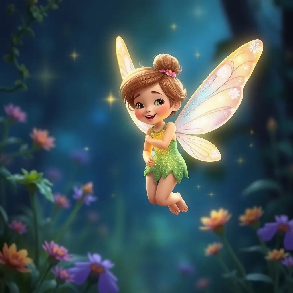 A small fairy, Tala, glowing with sparkling stars around her, with delicate wings and a joyful smile, flying beside Lina in the garden, digital painting, enchanting atmosphere, whimsical colors, detailed view, high quality