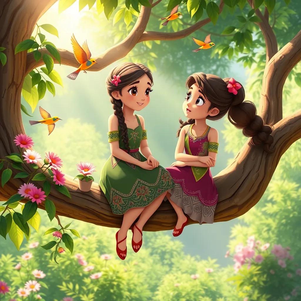 Lina and Tala sitting on a tree branch, with Lina looking amazed while Tala shows her beautiful flowers and singing birds, surrounded by sunlight and lush greenery, illustration, magical feel, vibrant scenery, high quality