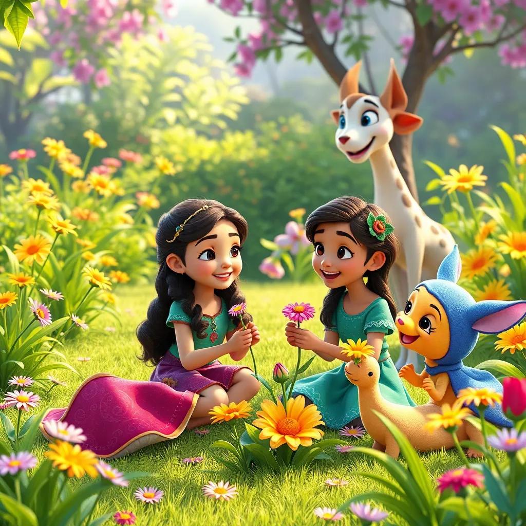 Lina playing with her friends in the garden, sharing flowers and laughing, while Tala watches over them with a grin, colorful scene, joyful atmosphere, child-friendly, high quality