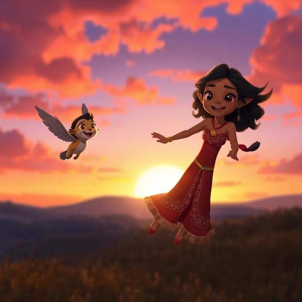 A happy Lina returning home at sunset, with Tala flying beside her, both smiling, and the sky painted with sunset colors in the background, heartwarming, uplifting imagery, high quality