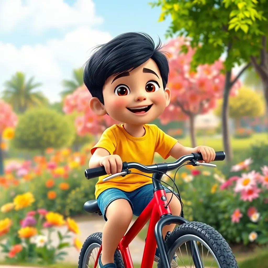 A boy named Sami, a 10-year-old Arab child with short black hair, wearing a bright t-shirt and denim shorts, joyfully riding a bicycle on a sunny day, surrounded by colorful flowers and trees, digital art, vibrant colors, cheerful atmosphere, high quality