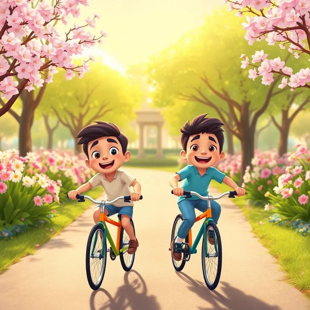 Sami and Ali excitedly riding their bikes through a beautiful park filled with blossoming flowers and green trees under the sunshine, lively and cheerful, child-friendly illustration, warm lighting, high quality