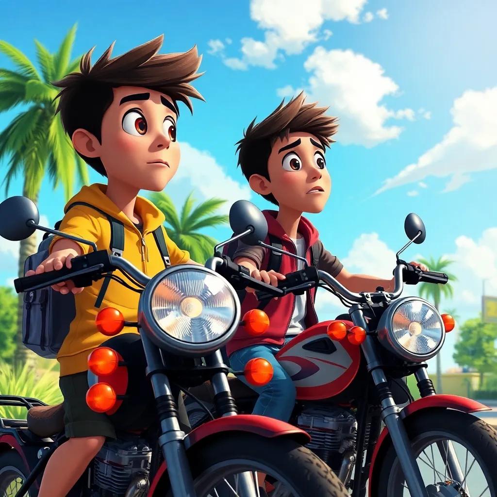 Sami and Ali hearing the police siren, looking worried towards the sound with their bikes parked beside them, vivid background of a bright sunny day, detailed digital painting, concerned expressions, high quality