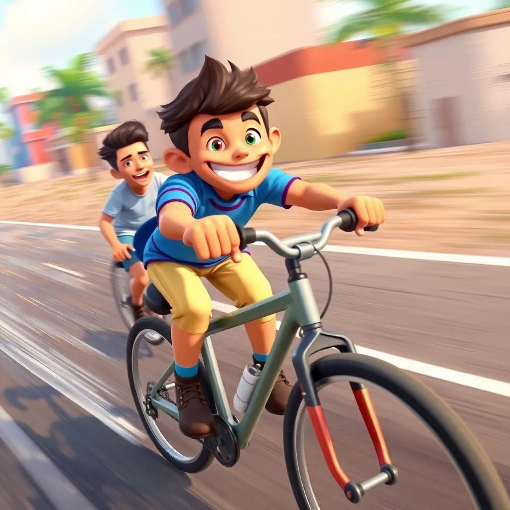 Sami speeding on his bicycle with a big smile, racing ahead of Ali, with an excited expression on his face, illustrating the sense of adventure, colorful cartoon style, dynamic angle, high quality