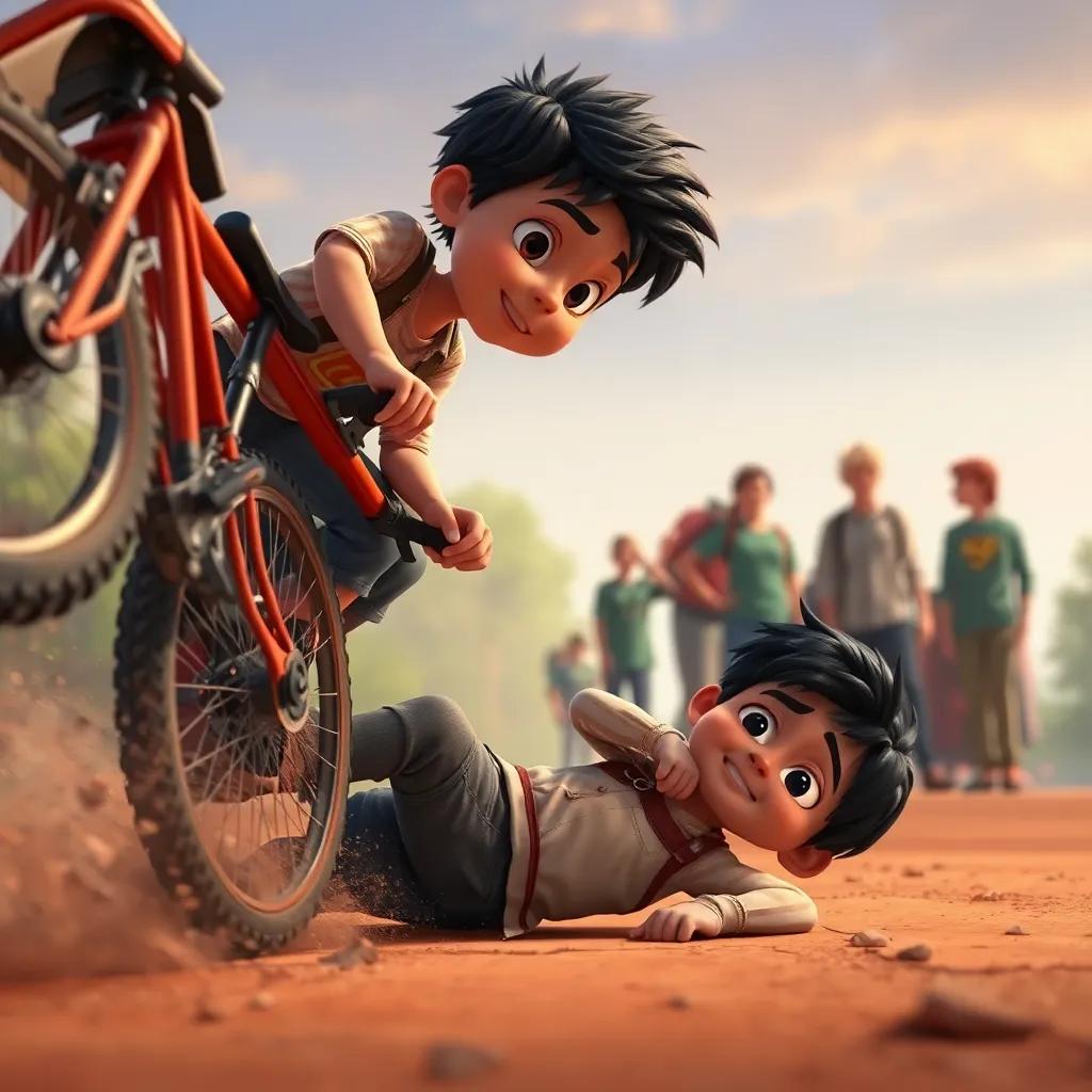 Sami's bike slipping and crashing, with Sami falling off onto the ground, showing a concerned gathering of people around him, dramatic moment, child-safe, emotional yet hopeful, high quality