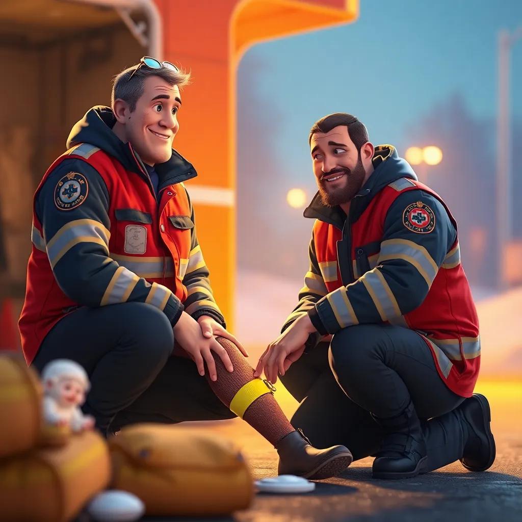 First responders helping Sami, with a paramedic kneeling beside him and checking his injured knee, warm light, reassuring expressions on the paramedics' faces, comforting atmosphere, high quality