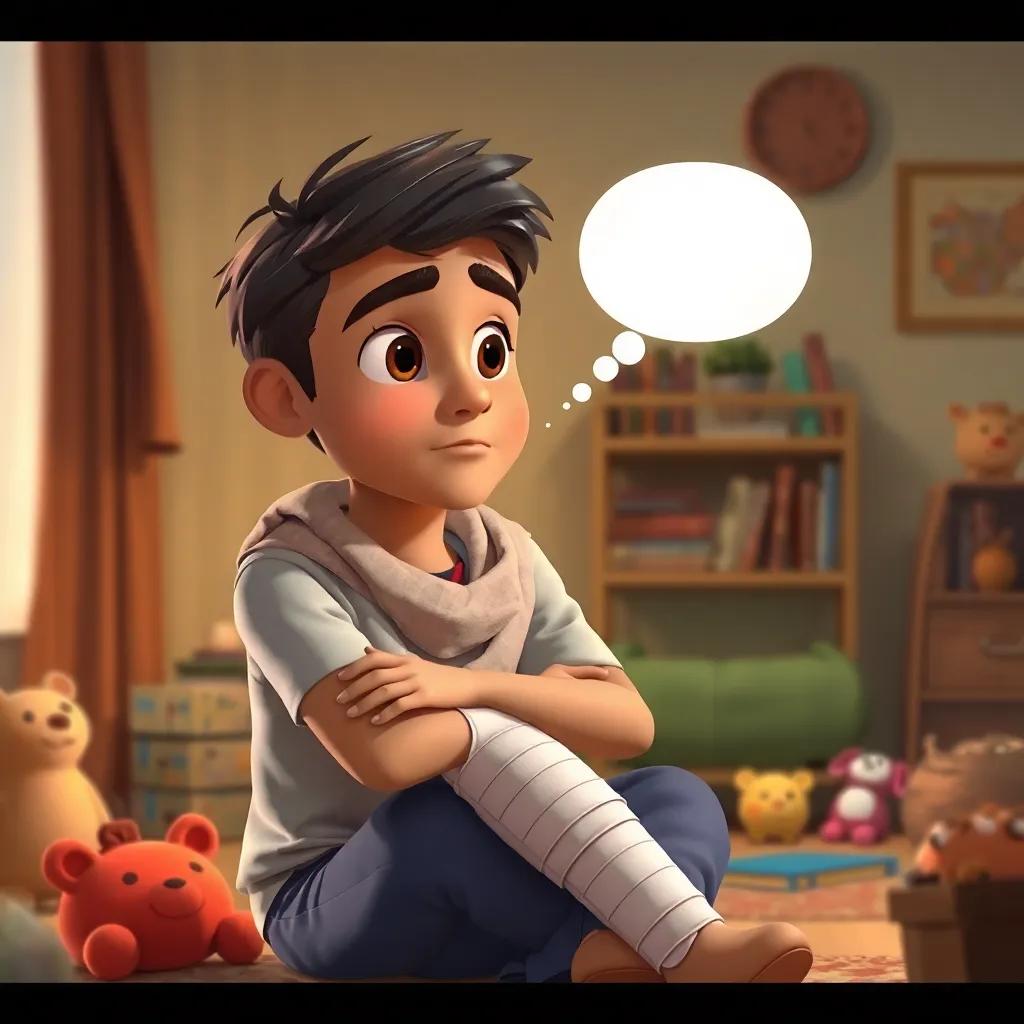 Sami at home with a bandaged knee, looking at a thoughtful manner, illustrating his reflection on the accident, cozy room setting with toys and books, warm tones, high quality