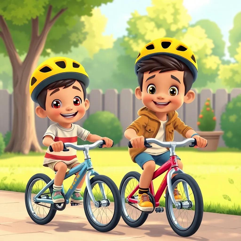Sami with his friend Ali practicing bicycle safety, wearing helmets and riding cautiously, cheerful backyard scene with trees and smiles, bright and colorful illustration, child-friendly, high quality