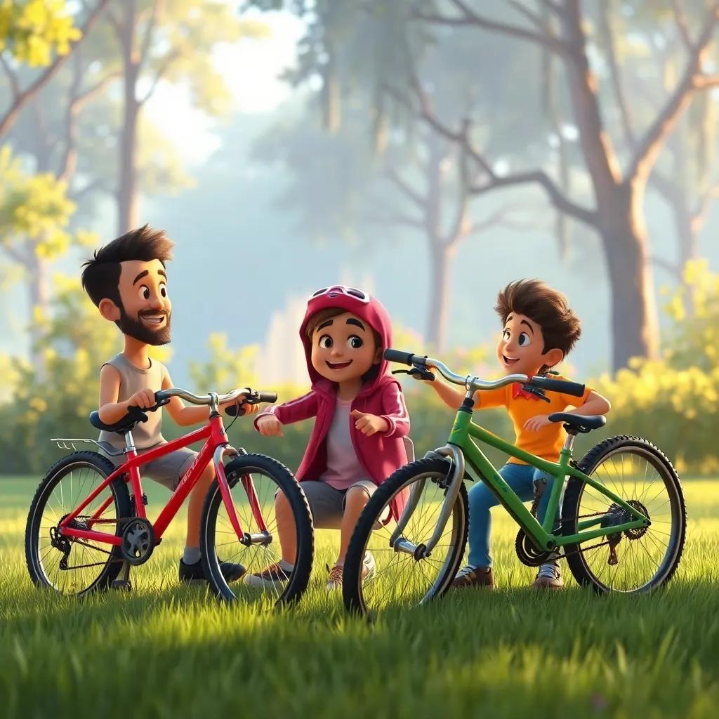 Sami and Ali discussing bicycle safety in a light-hearted way, sitting on the grass with their bikes, soft sunlight filtering through trees, warm and inviting atmosphere, friendly expressions, high quality