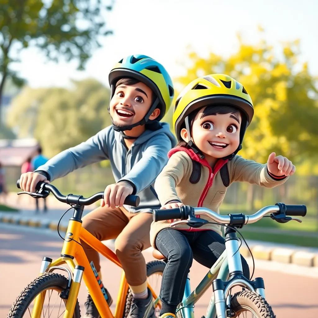 Sami and Ali confidently riding their bikes together, promoting safety with helmets and protective gear, joyful journey in the park, bright colors and smiles, dynamic composition, high quality