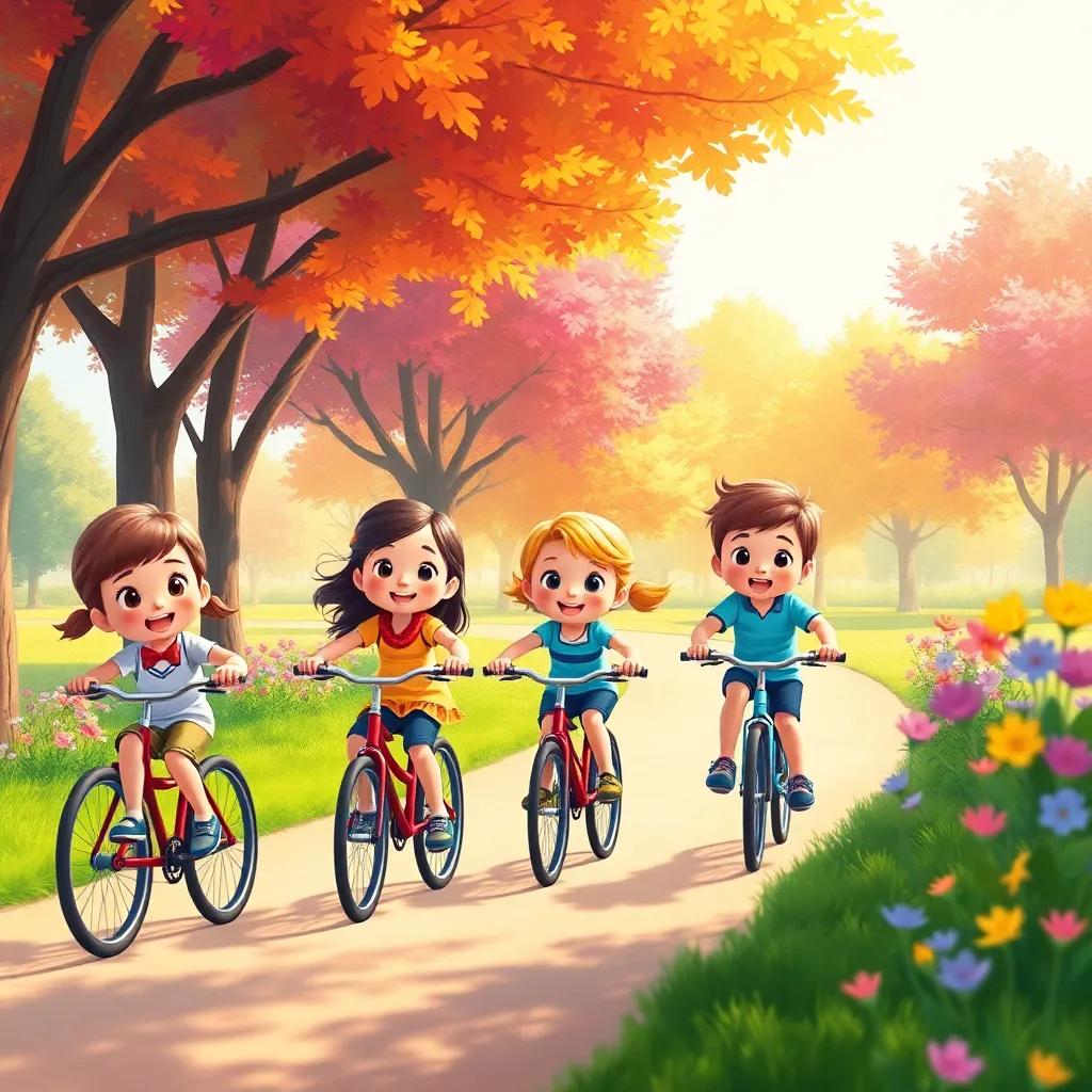 A sunny morning with children riding bicycles in a park, colorful trees and flowers around, cheerful expressions, digital illustration, vibrant colors, joyful atmosphere, high quality