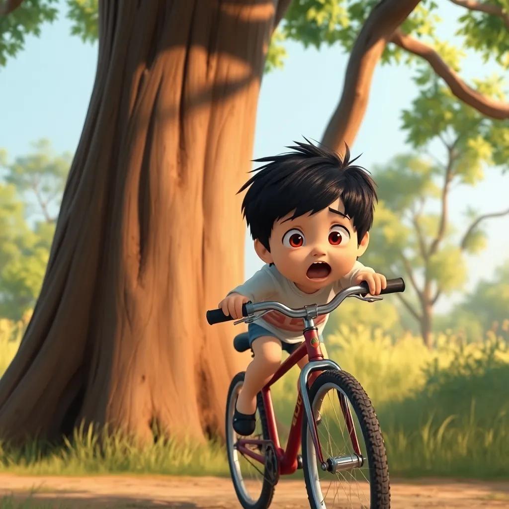 A child, Ali, with short black hair, falling off a bicycle near a large tree, looking surprised and scared, illustration, warm light, clear day, high quality