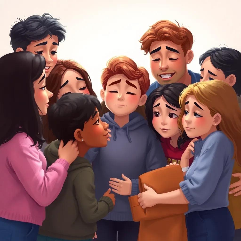 Friends gathering around Ali, showing concern and care, a diverse group with different hair and clothing styles, digital painting, soft colors, supportive atmosphere, high quality