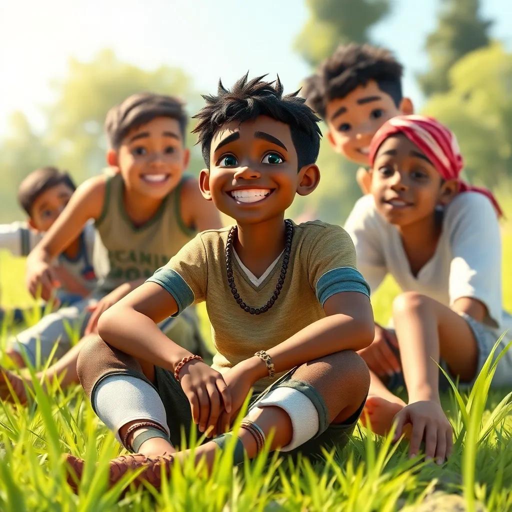 Ali smiling and sitting on the grass, with friends around, showing courage despite his injuries, digital art, bright daylight, uplifting scene, high quality