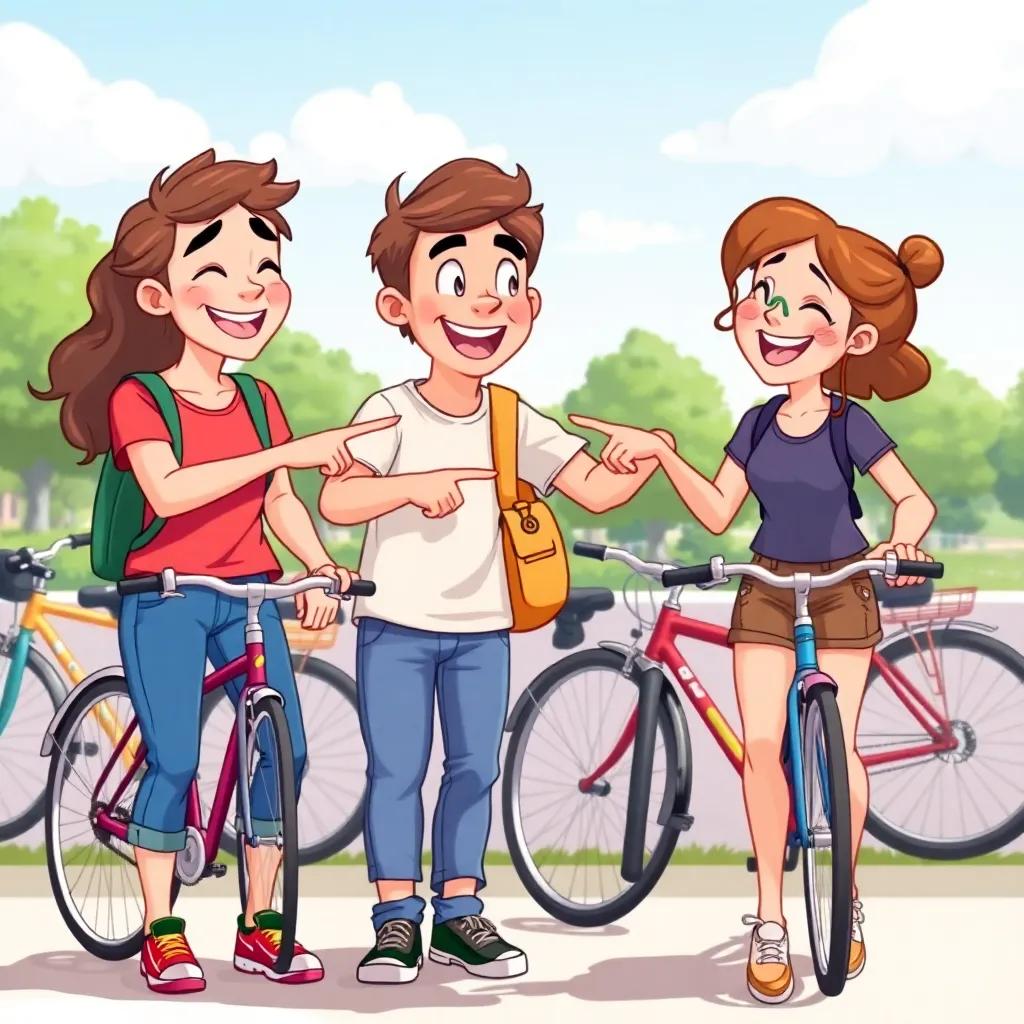 Friends taking a break, pointing at each other with laughter, with their bicycles in the background, illustration, colorful and cheerful, fun energy, high quality