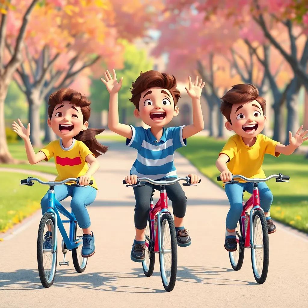 A playful scene of friends shouting safety rules while riding their bikes, bright park background, joyful expressions, digital art, vivid colors, high quality