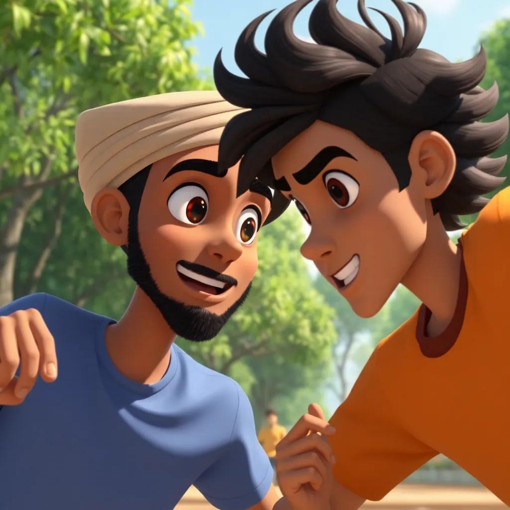 Close-up of Ahmed challenging Ali to a race, excitement in their eyes, surrounded by a park full of greenery, digital illustration, dynamic energy, high quality