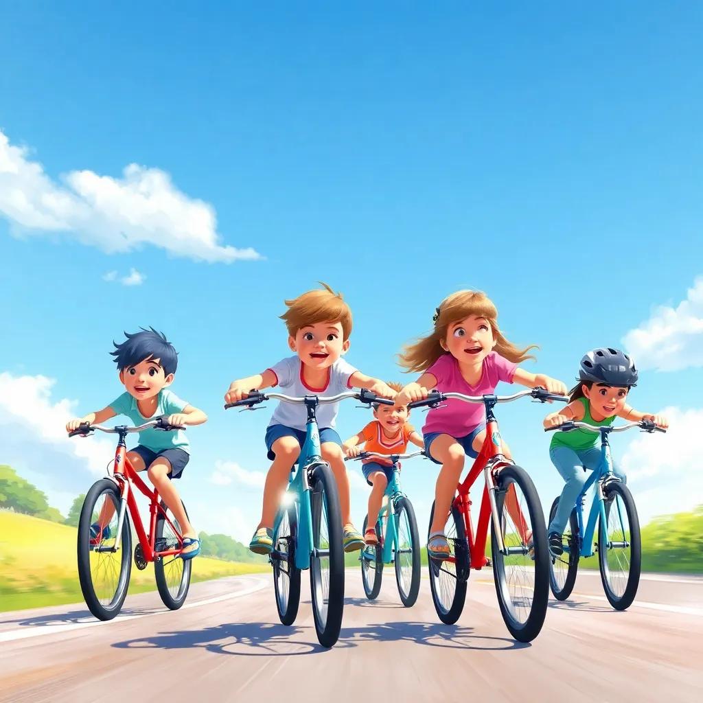 Children racing each other on their bicycles, a sense of speed and joy, sunny day and blue sky above, digital painting, bright colors, high quality
