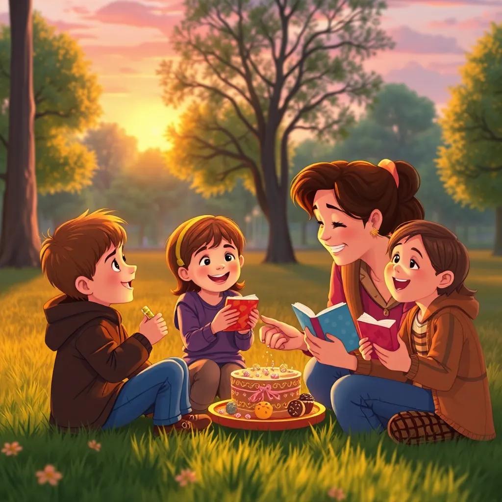 The end of the day, kids receiving sweets from their parents in the park, smiling and sharing stories, warm sunset, illustration, heartwarming scene, high quality