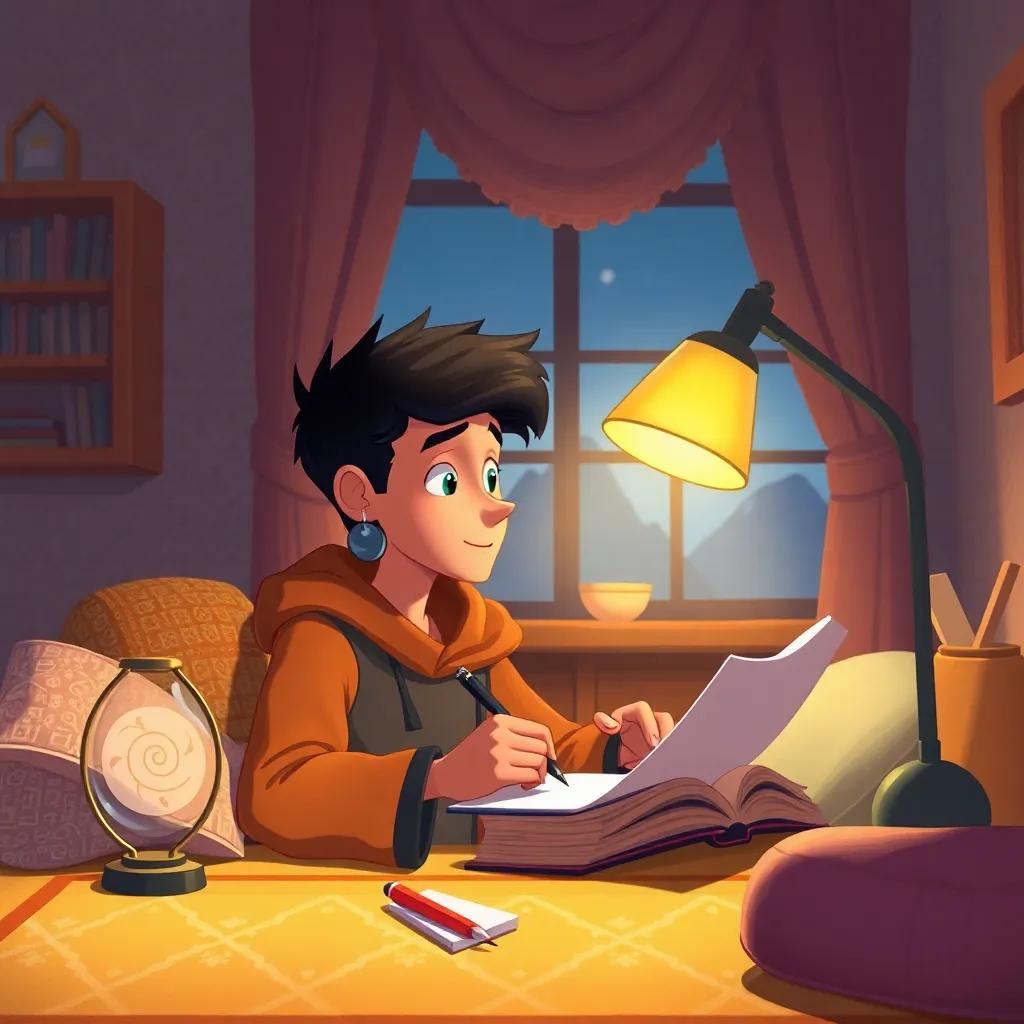 Ali writing in his notebook at home, thinking about his adventure, a lamp shining on him, cozy atmosphere, illustration, warm colors, high quality