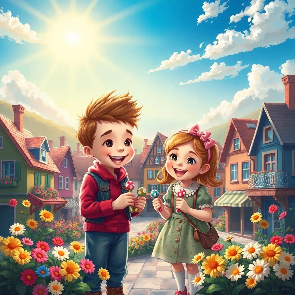 A small town with vibrant colors, sun shining in the sky, a cheerful boy and girl sharing colorful candies, surrounded by cheerful flowers, digital art, bright and inviting, happy atmosphere, charming view, high quality