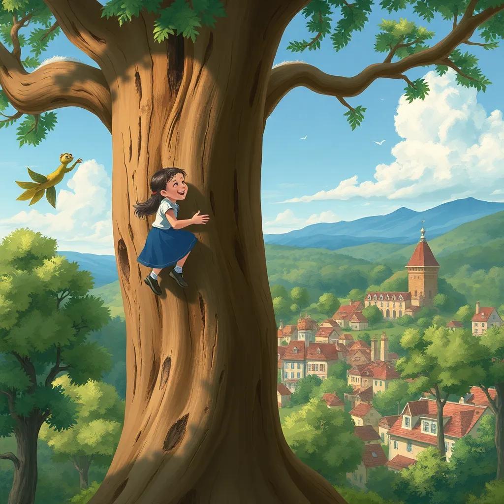 A big tree with a wide trunk, a girl and a boy climbing the tree, laughing and looking around, in a picturesque town below, illustration, playful, dreamy, child-friendly, enchanting scene