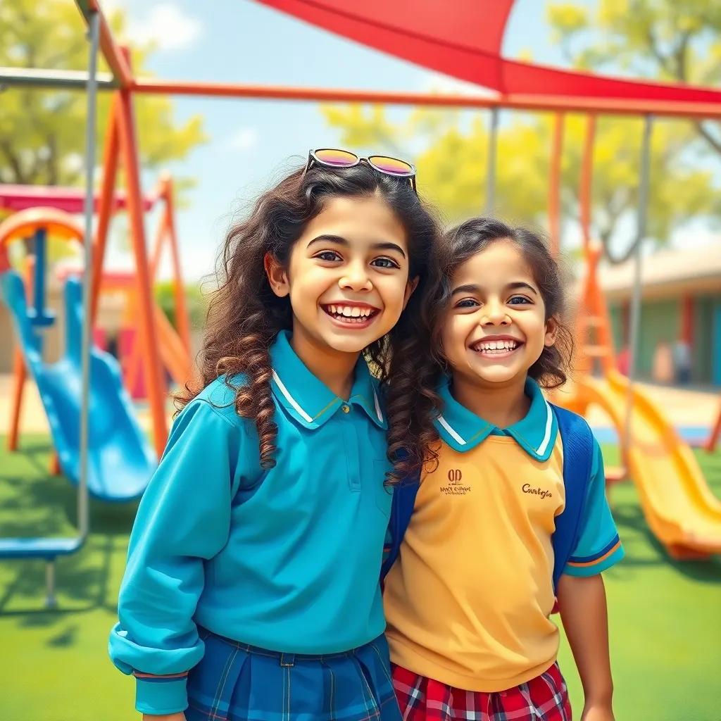 A young Arabic girl, Leila, with long, curly hair, wearing a colorful school uniform, laughing and playing with her friend Shoug in a sunny playground filled with swings and slides, cheerful, child-friendly, vibrant colors, bright atmosphere