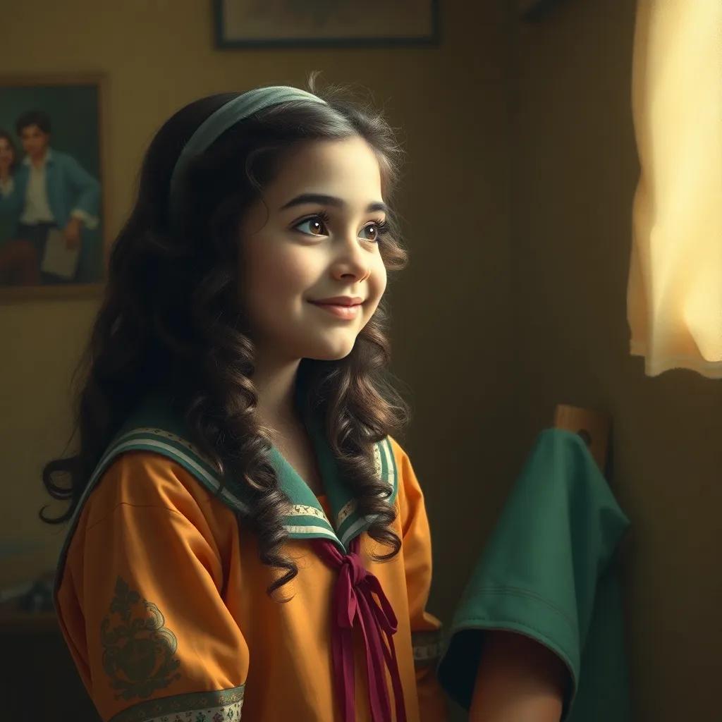 A young Arabic girl, Leila, with long, curly hair in a colorful school uniform, looking shy yet happy as she thinks about giving her friend Shoug a kiss, with a soft focus on her facial expression, warm light, dreamy background, intimate moment