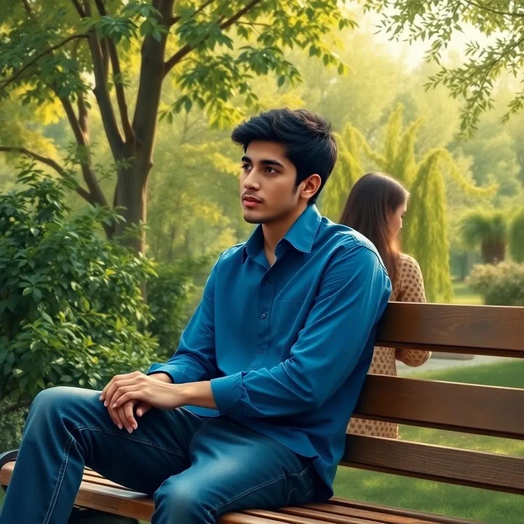 A young man, Walid, with short black hair wearing a blue shirt and jeans, sitting on a wooden bench in a small park filled with greenery, looking thoughtfully towards a girl, soft light, warm colors, peaceful atmosphere, high quality