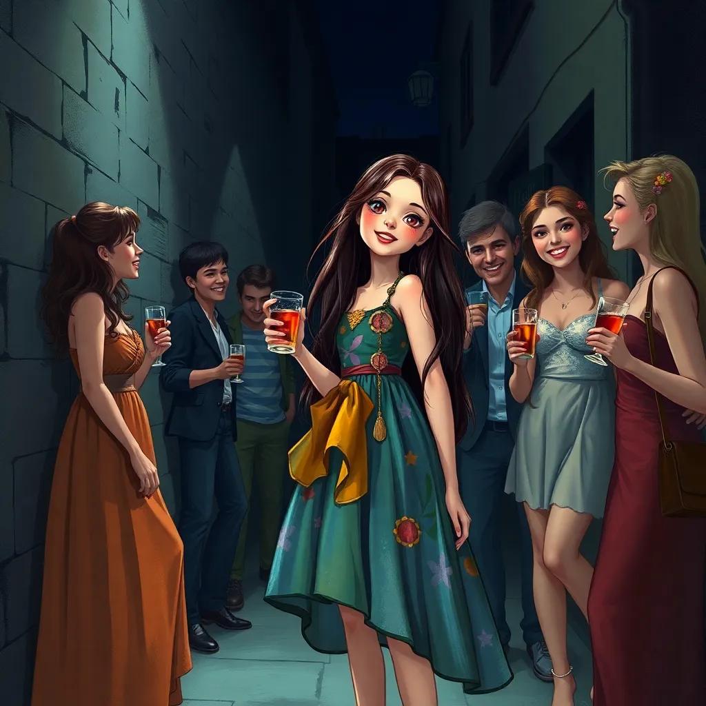 A young girl, Dina, with long hair wearing a colorful dress, standing beside a group of friends in a dark alley, laughing and holding drinks, shadowy background, cool colors, a sense of loss and danger, high-quality illustration