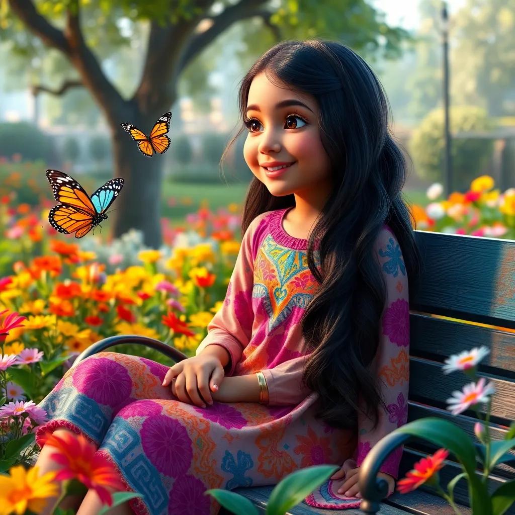 A young Arab girl, Lina, with long, dark hair, wearing a colorful dress, sitting on a bench in a garden filled with flowers and trees, speaking excitedly to a colorful butterfly fluttering nearby, digital art, vibrant colors, cheerful atmosphere, high quality