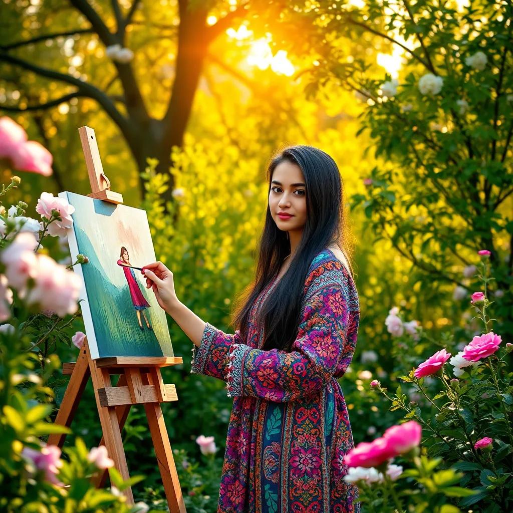 Lina, a young Arab girl, with long, dark hair, wearing a colorful dress, painting on a canvas in the garden, surrounded by blooming flowers and green trees, the sun shining down making colors bright, artistic theme, warm lighting, peaceful setting, high quality