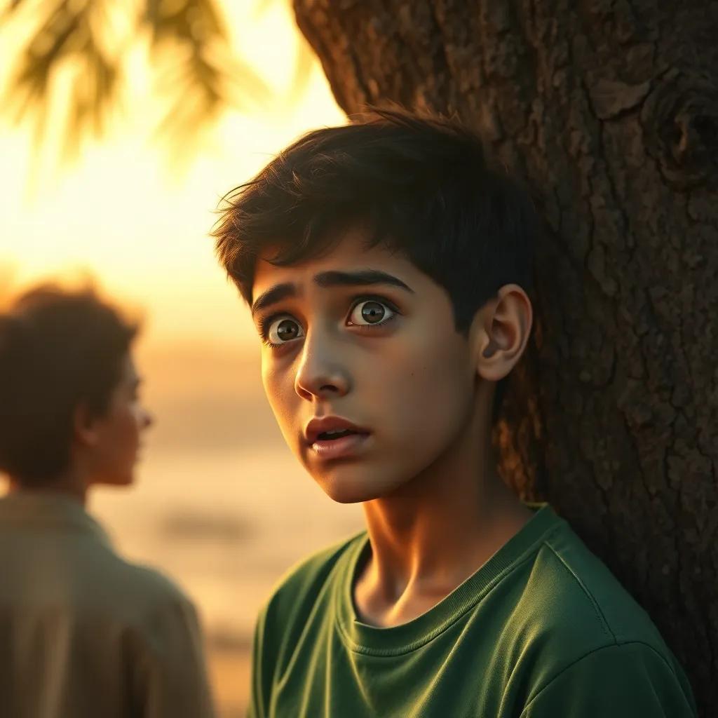 A young Arab boy, Sami, with short, dark hair, wearing a green shirt, looking shocked while standing behind a tree, witnessing an emotional moment between two friends, warm light, dramatic mood, vivid colors, storytelling composition