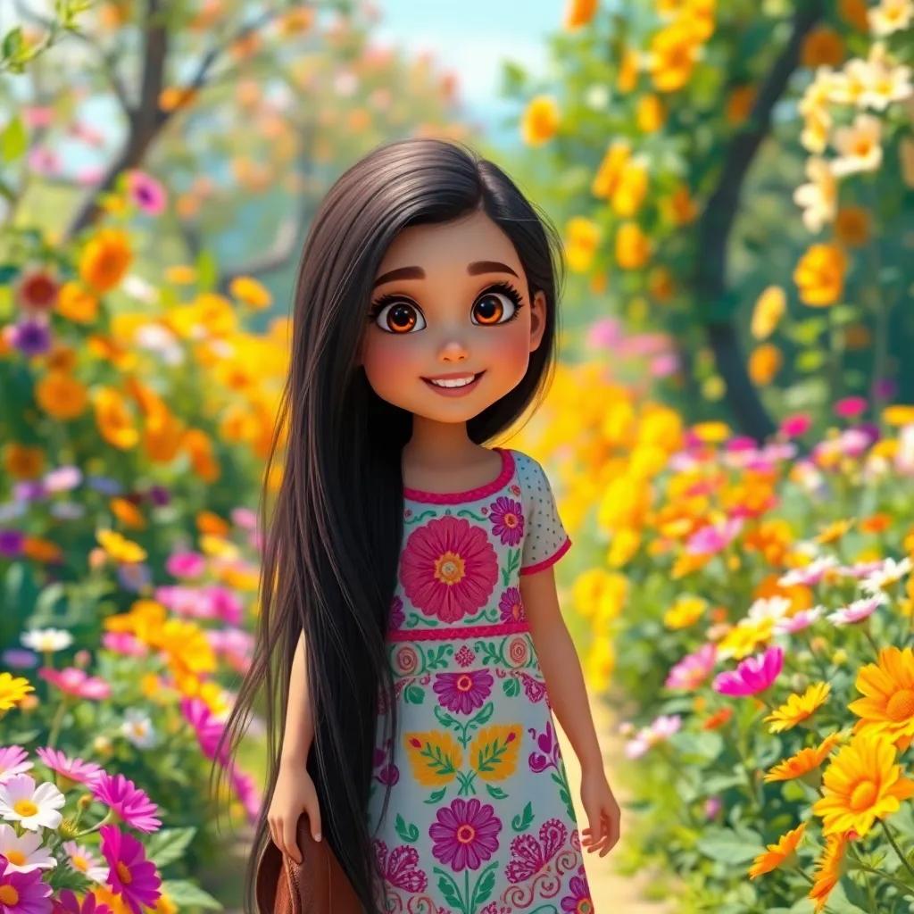 A young Arab girl, Lina, with long, dark hair, wearing a colorful dress, walking in a bright, sunny garden filled with vibrant flowers, digital art, cheerful atmosphere, vivid colors, high quality