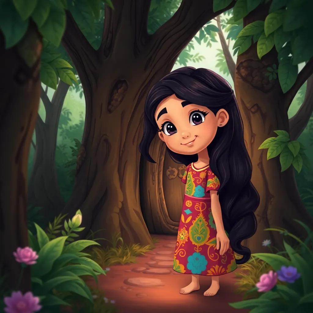 A young Arab girl, Lina, with long, dark hair, wearing a colorful dress, discovering a small magical door between trees in a lush garden, illustration, curious and enchanted, inviting scene, high quality