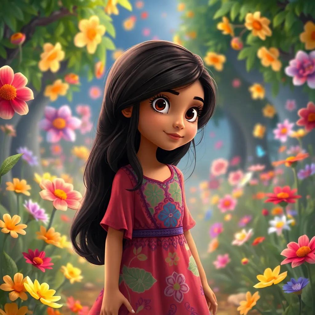A young Arab girl, Lina, with long, dark hair, wearing a colorful dress, entering a magical garden full of dancing flowers in various colors, digital painting, whimsical atmosphere, high quality