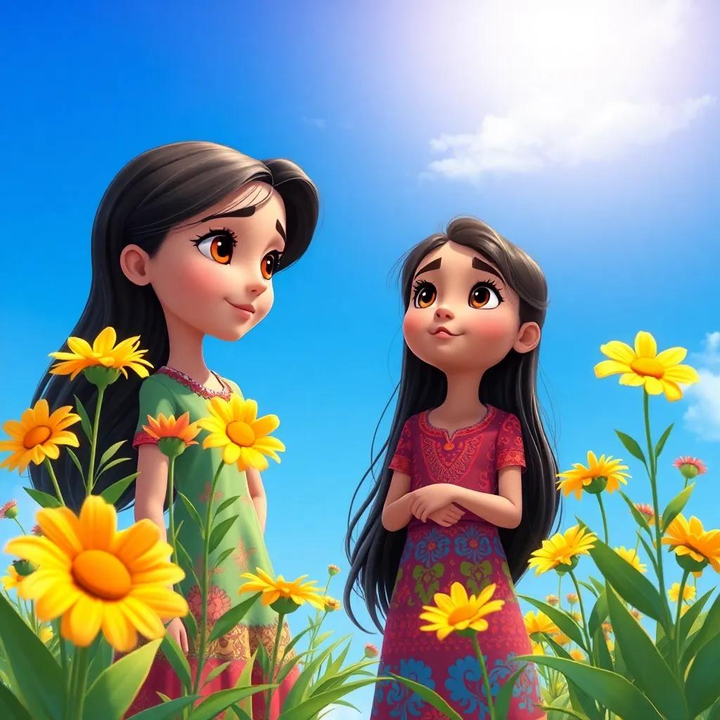 A young Arab girl, Lina, with long, dark hair, wearing a colorful dress, talking to sad flowers needing water under a bright blue sky, vibrant colors, engaging scene, high quality