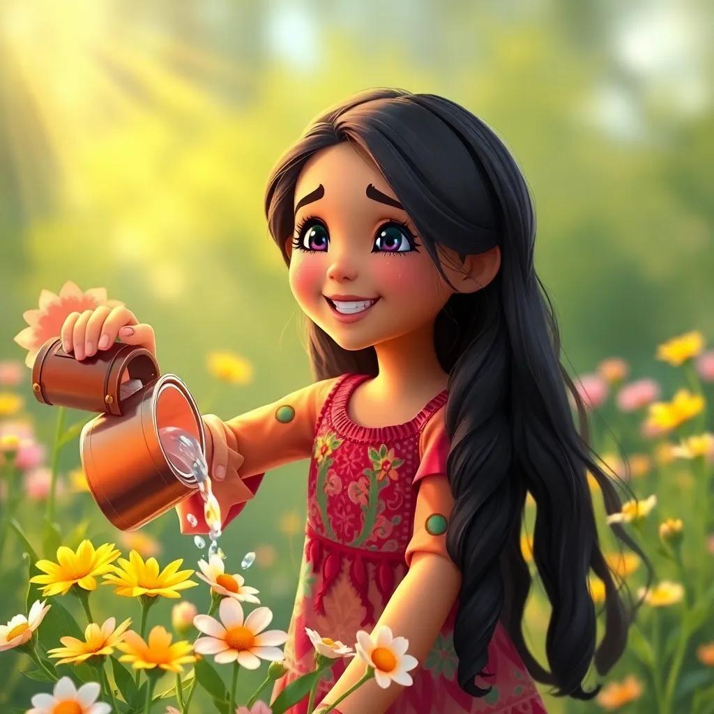 A young Arab girl, Lina, with long, dark hair, wearing a colorful dress, happily pouring water on flowers that are now dancing and singing, joyful atmosphere, radiant colors, heartwarming scene, high quality