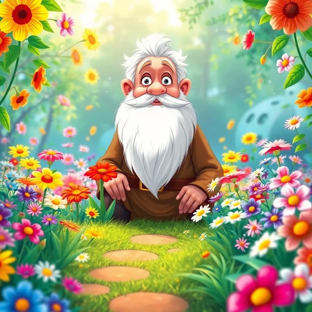 A magical garden full of colorful flowers, where a wise old man with a long white beard and twinkling eyes sits with a smile, surrounded by blooming plants and bright sunlight, illustration, vibrant and cheerful, enchanting nature, child-friendly, high quality