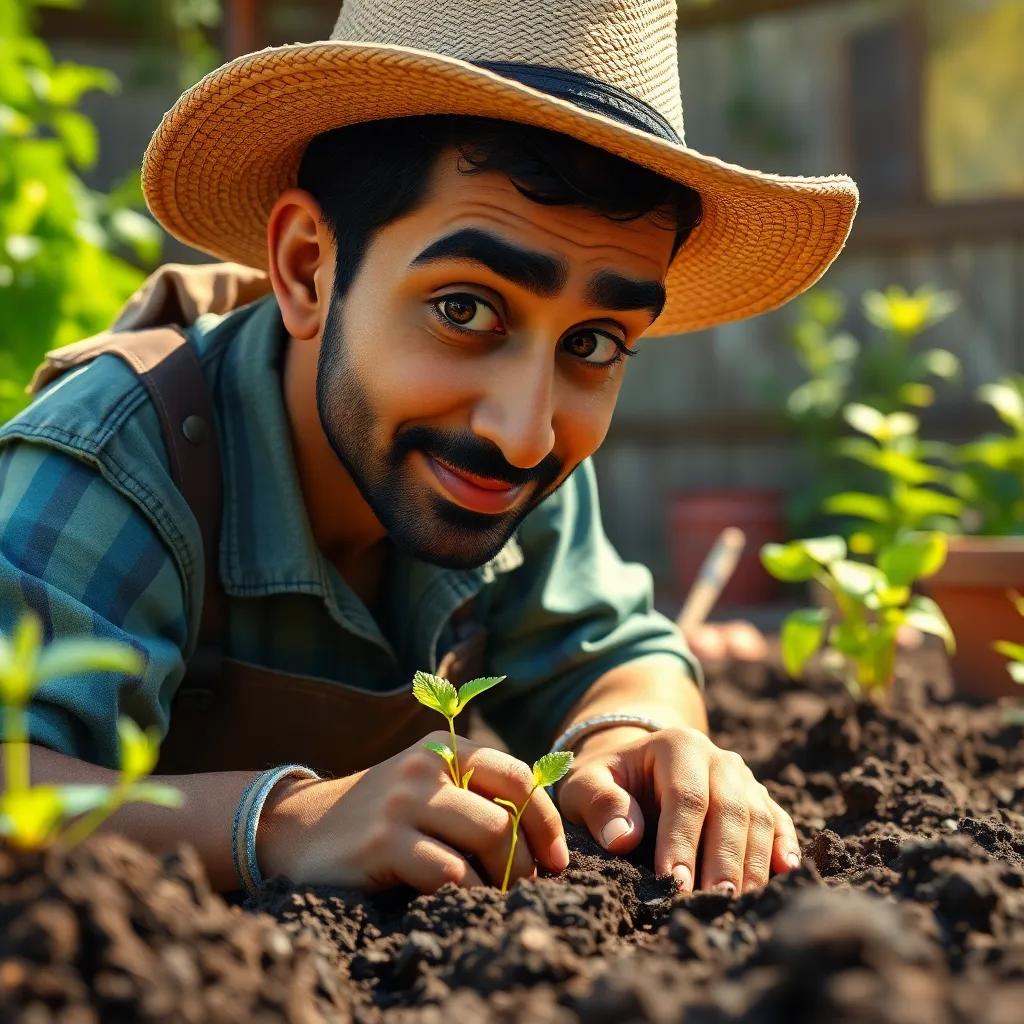 A close-up of Karim working hard in his home garden, wearing a sun hat, digging and planting seeds with a determined look on his face, surrounding him with soil and little tools, bright sunlight shining above, inspiring, digital art, high quality