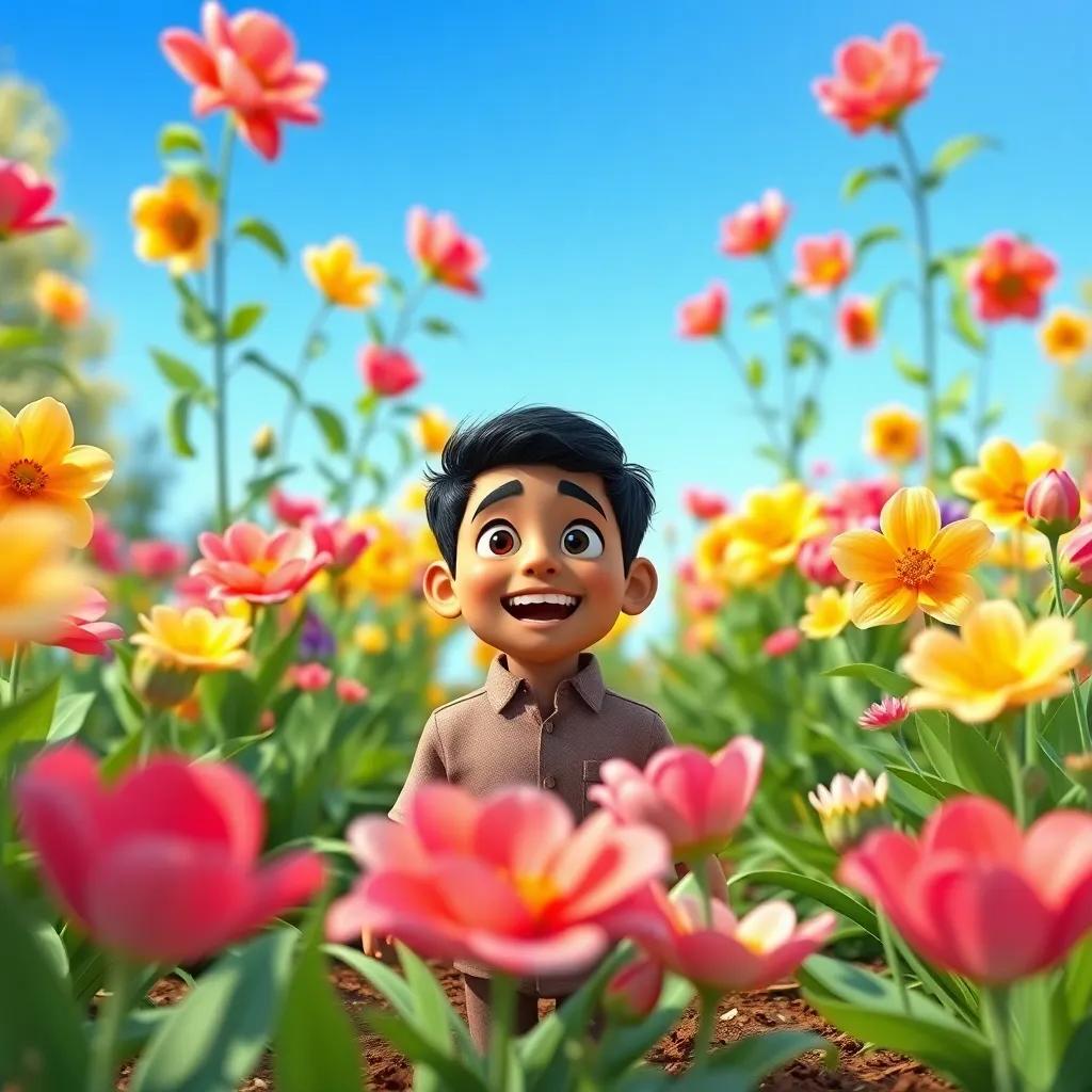 A vibrant scene showing the blooming flowers in Karim’s garden, with colorful petals and greenery, Karim looking happily surprised and proud, bright blue sky above, cheerful and uplifting, digital art, high quality