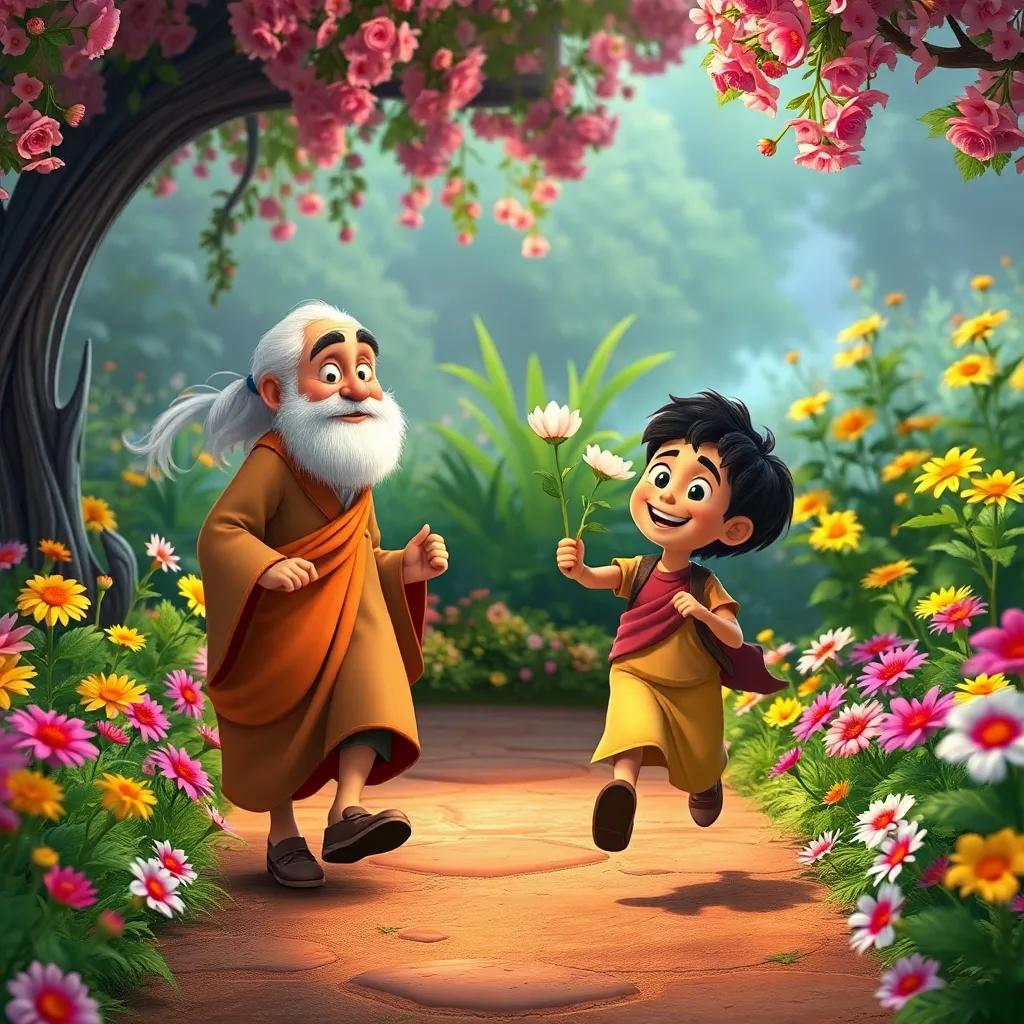 Karim running joyfully toward the wise old man in the magical garden, showing him his blooming flowers, both of them smiling, the garden filled with colorful flowers around them, joyful atmosphere, high quality