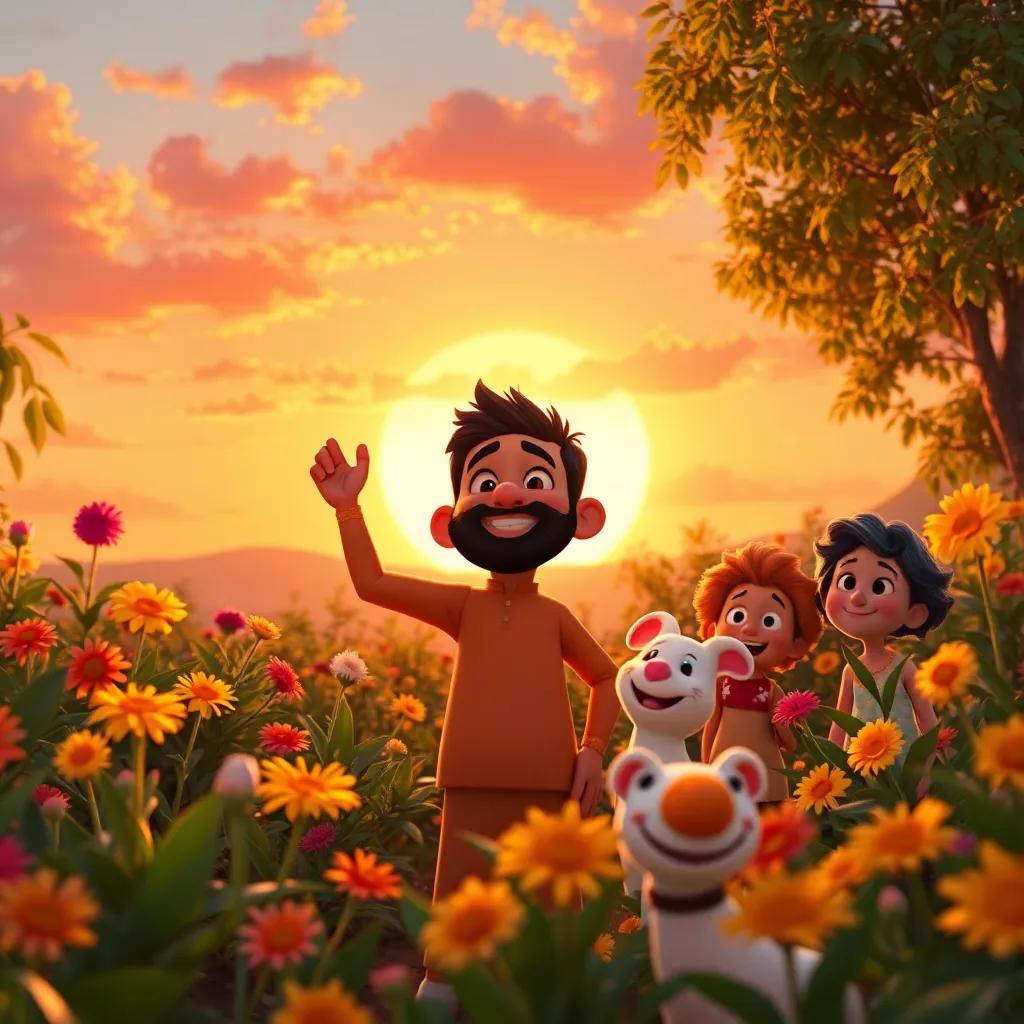 A beautiful sunset over Karim's garden, where he proudly admires his flowers surrounded by happy friends, warm colors creating an inviting atmosphere, teamwork, joyful expression, digital art, high quality