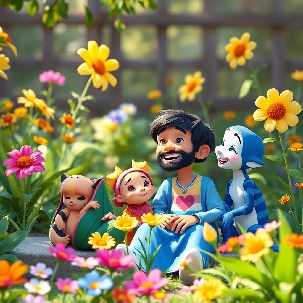 Karim sitting with his friends in his garden, smiling and laughing together, appreciating the beauty of the flowers, bright colors and joyful mood, child-friendly scene, digital art, high quality