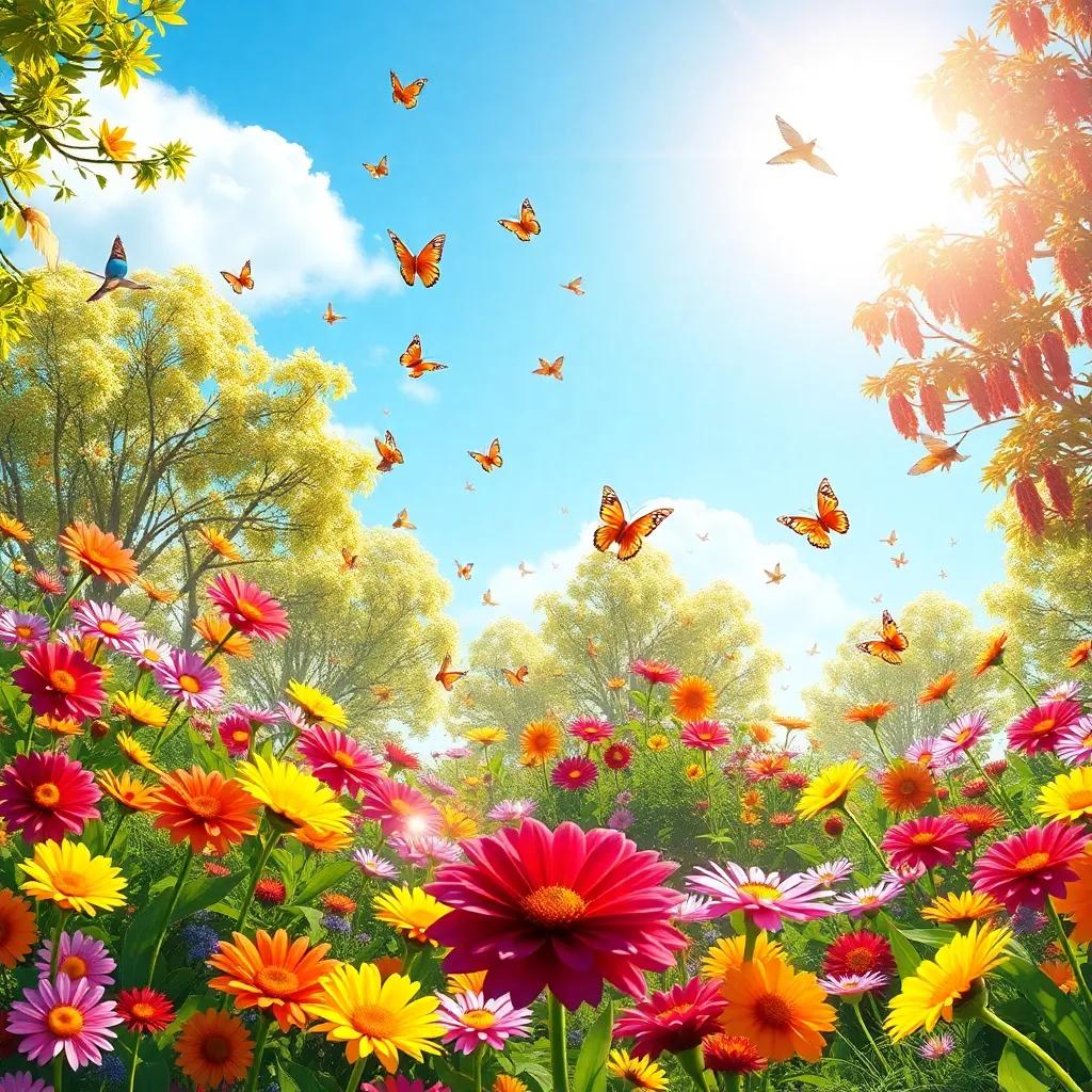A sunny day in a vibrant garden, full of colorful flowers sparkling under the sun, with butterflies dancing in the air and singing birds in the trees, digital art, bright and cheerful colors, warm atmosphere, high quality