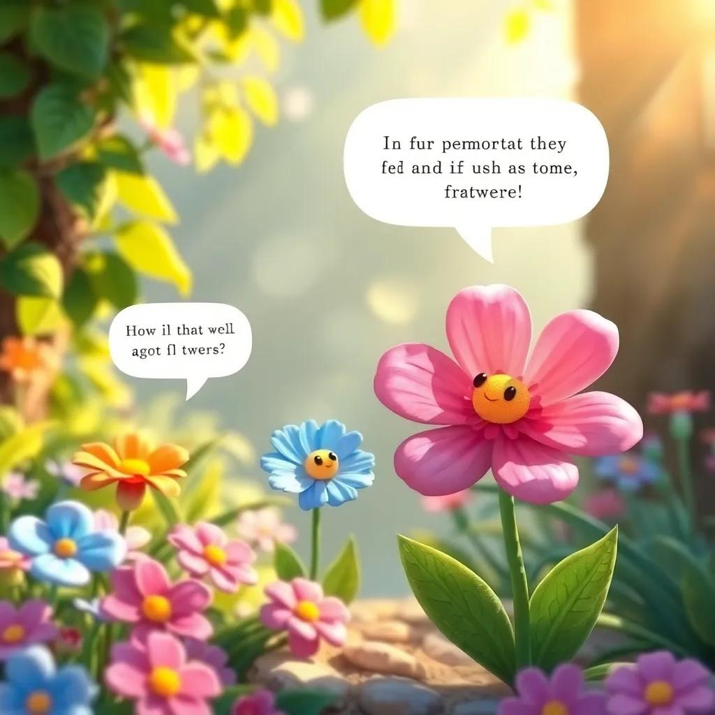 A magical garden where flowers are talking, a pink flower sharing a story and a blue flower asking a question, whimsical illustration, colorful and imaginative, warm light, friendly vibe