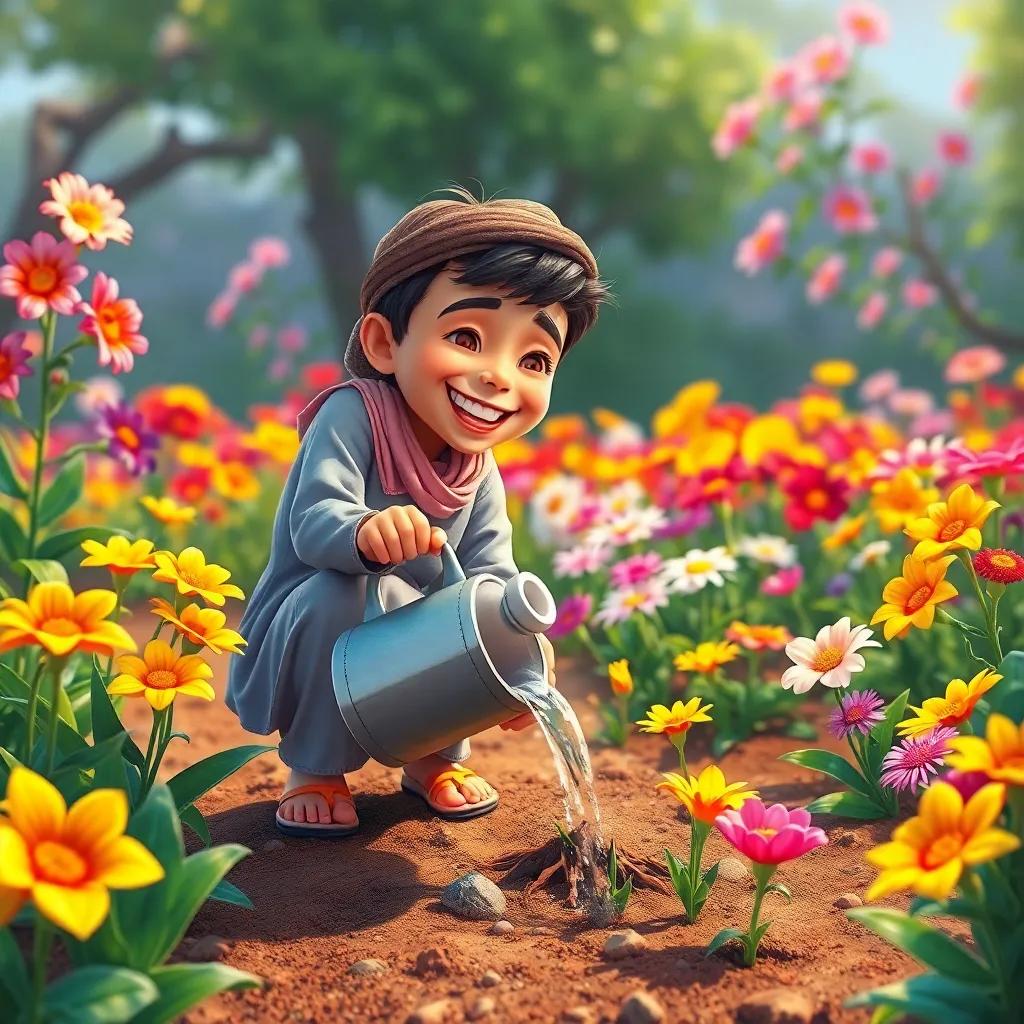 Sami, a young Arab boy, joyfully pouring water around flower roots in the garden, colorful flowers blooming with new colors and a lovely fragrance filling the air, vibrant digital painting, cheerful and lively environment, high quality