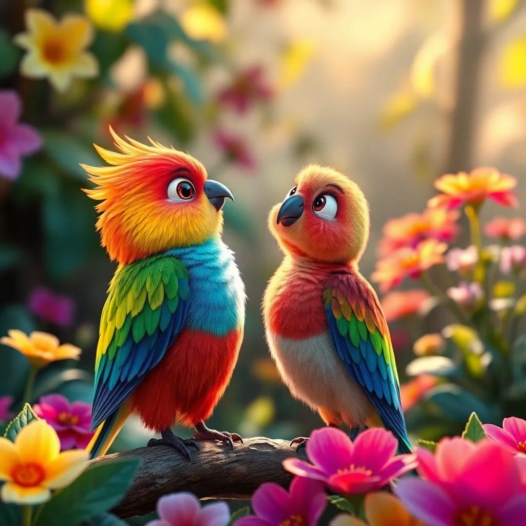 A beautiful rainbow-colored bird giving advice to Sami about caring for the earth, surrounded by the magical garden, digital art, detailed and vibrant, uplifting energy, high quality