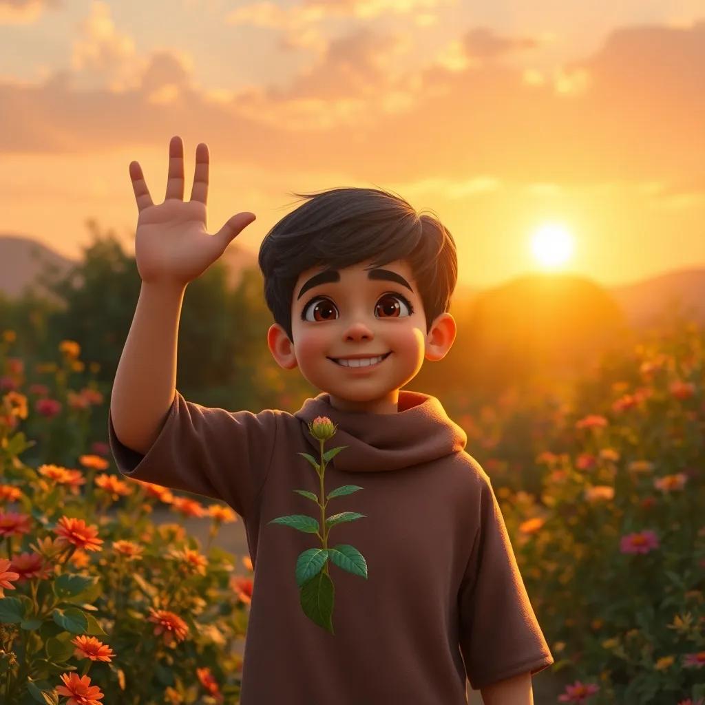 Sami, a young Arab boy, waving goodbye to the magical garden with a smile, holding a small plant, filled with love and hope, warm sunset light, heartwarming imagery, high quality