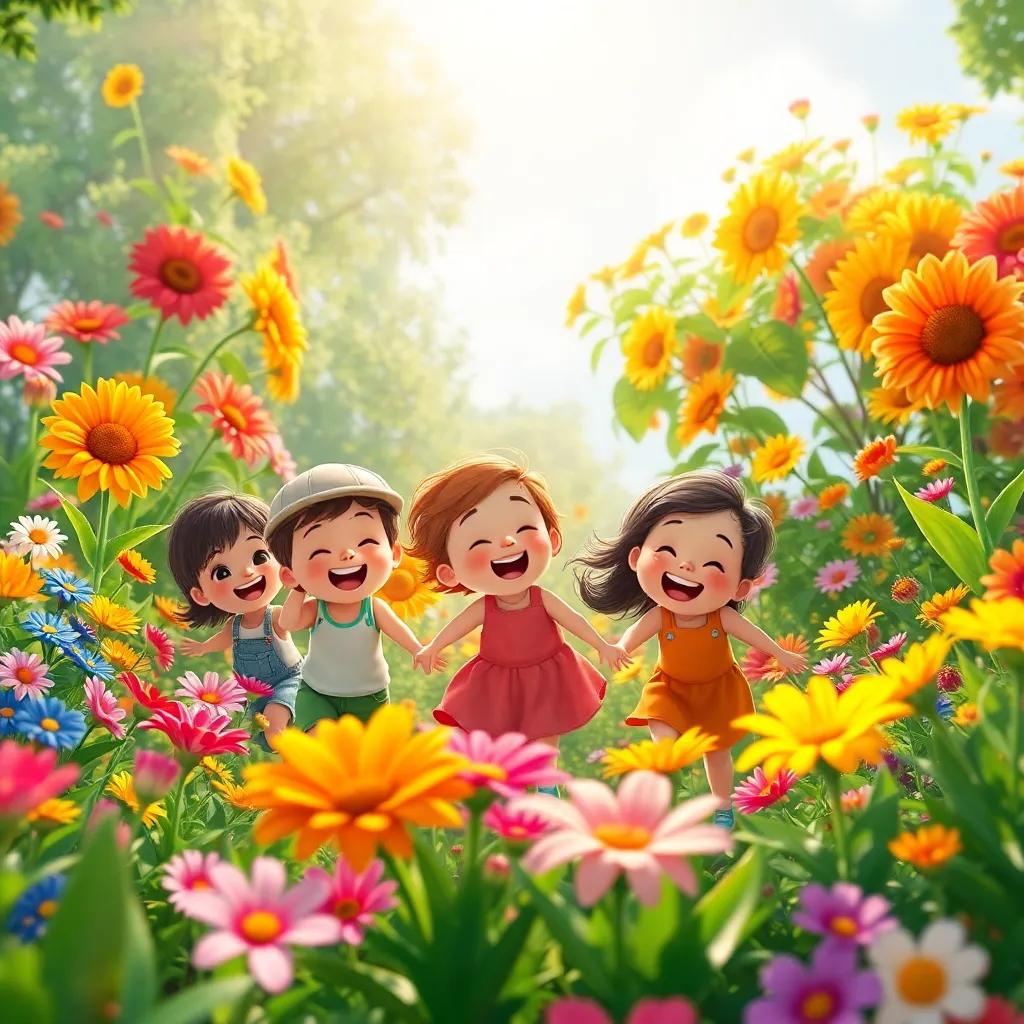 A group of joyful children playing in a vibrant garden filled with colorful flowers, bright sunlight shining down, digital art, cheerful atmosphere, high quality
